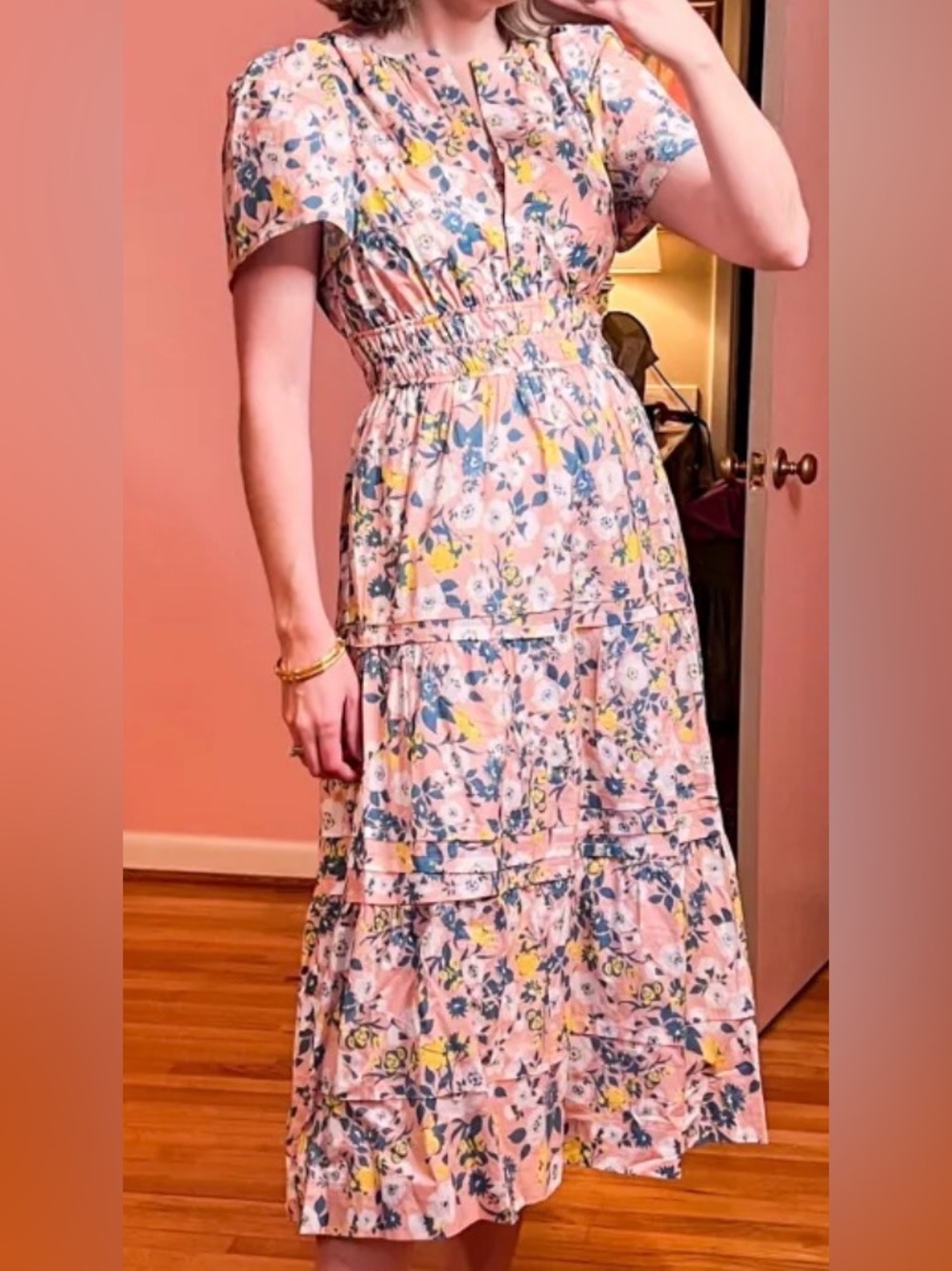 Avara womens Pink Floral Tiered Midi Dress with Shirred elastic  waist